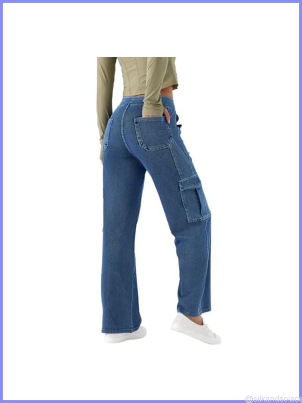 Stretch Denim Cargo Jeans with Elastic Waist Pull-On Wide Leg